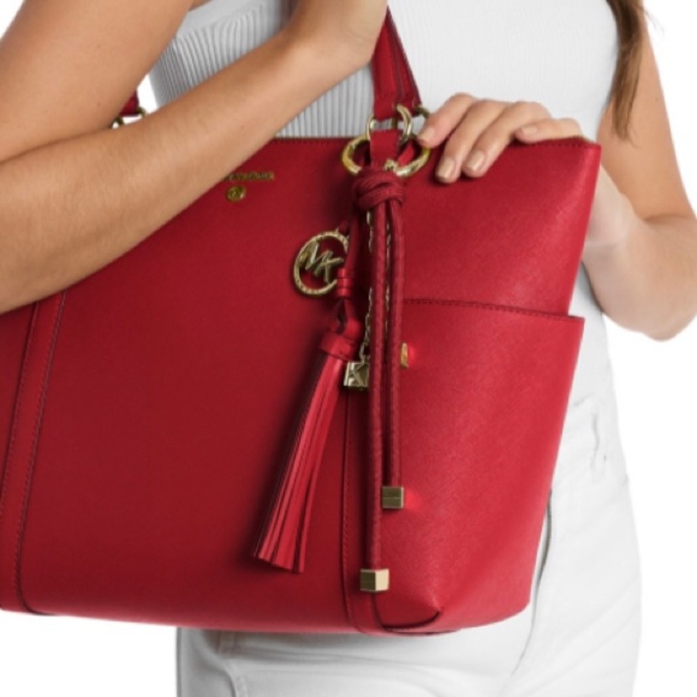 MICHAEL MICHAEL KORS Gold-Tone Crimson Red Cord MK logo cube Initials‎ Bag Charm